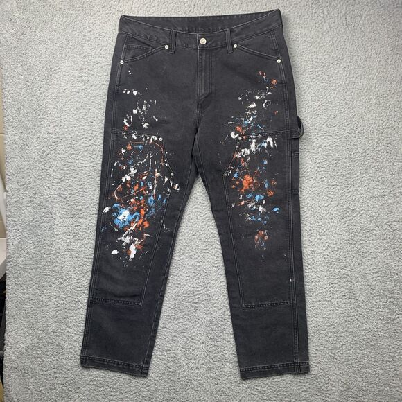 No Boundaries Jeans Mens 34 Black Paint Splatter Double Knee Carpenter Streetwea - Picture 1 of 13